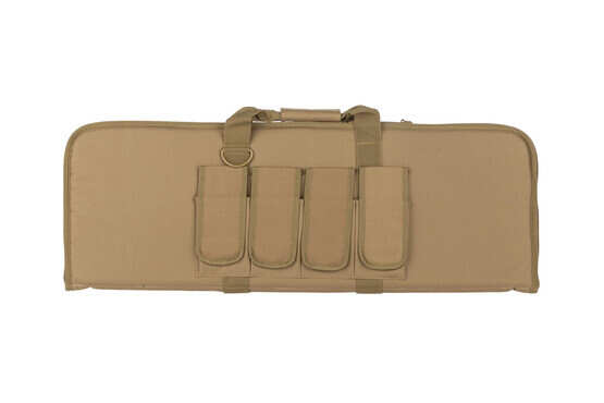 NC Star lightweight tan carbine case is 36 inches long and 13 inches tall with multiple magazine and accessory pockets